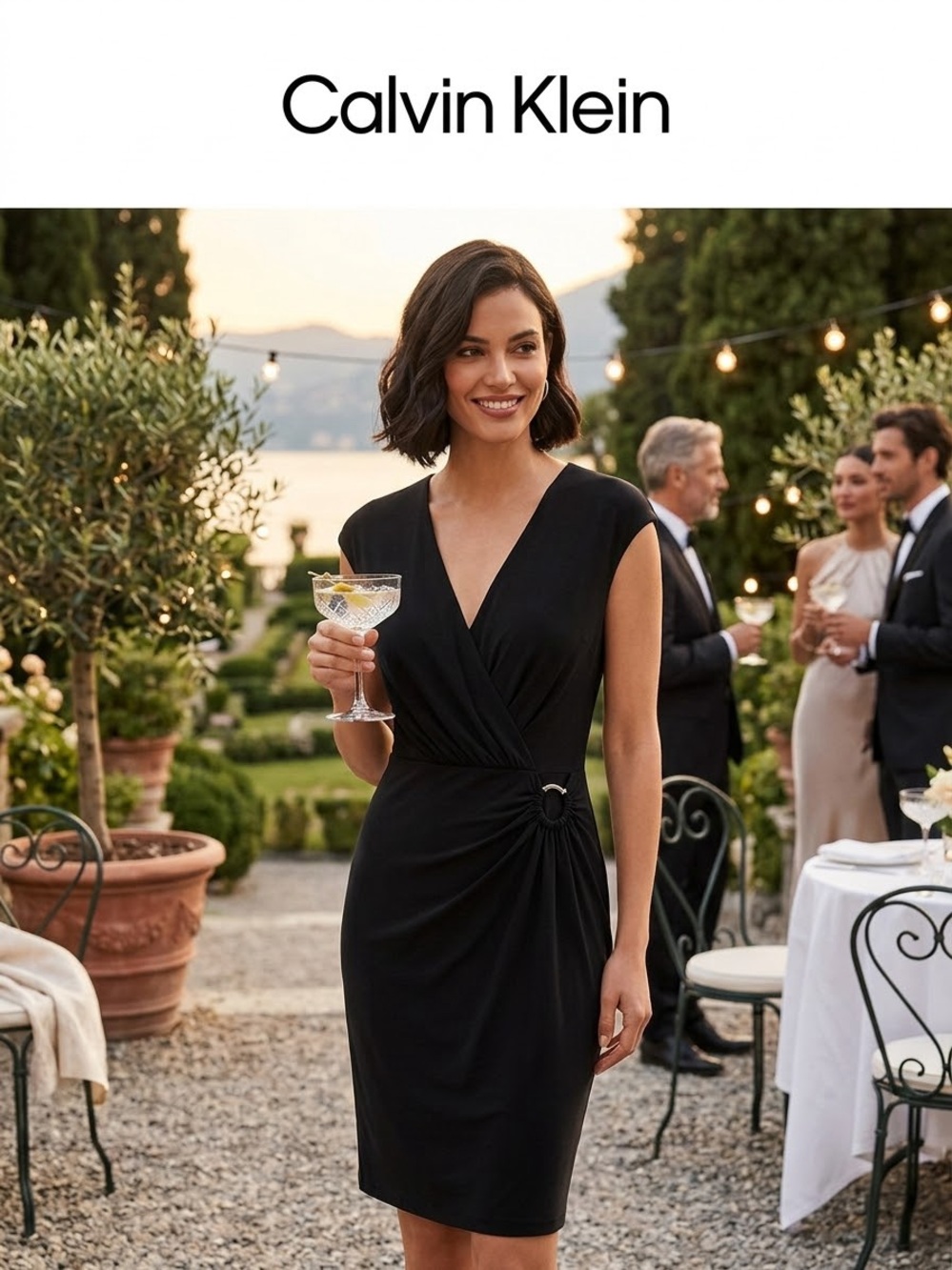 Calvin Klein Black V-Neck Midi Dress with Side Ring Detail